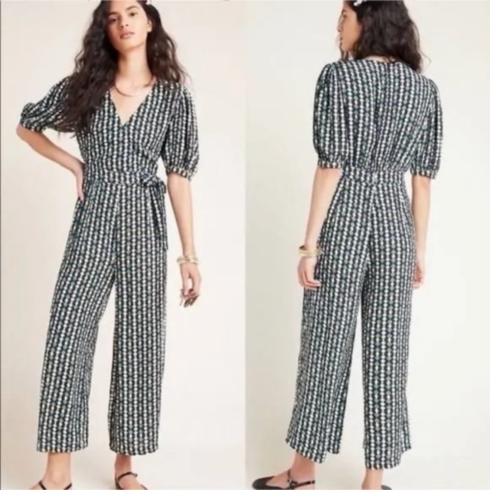 Anthropologie Black & White Printed Wrap Jumpsuit